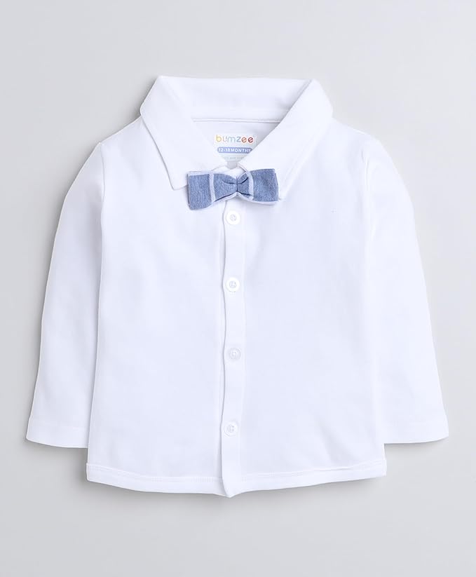 Beige & Navy Boys Full Sleeves Shirt Waistcoat & Pant Set with Applique Bow gallery image