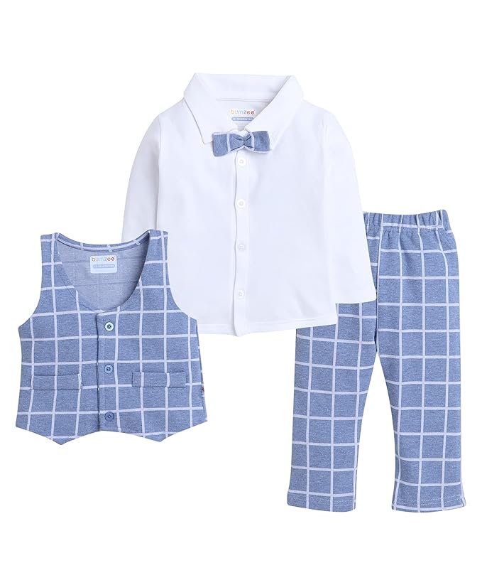 Beige & Navy Boys Full Sleeves Shirt Waistcoat & Pant Set with Applique Bow gallery image