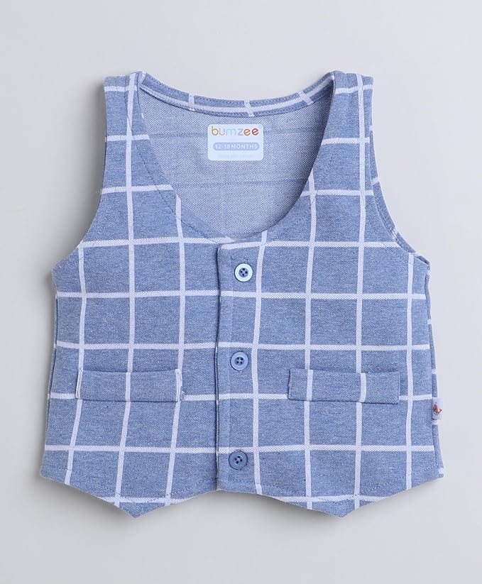 Beige & Navy Boys Full Sleeves Shirt Waistcoat & Pant Set with Applique Bow gallery image