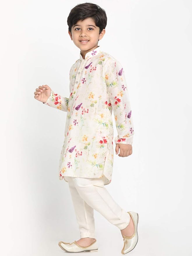 Boys' Perfect Spring Edit Floral Design Digitally Printed Kurta with Bling Buttons & Singara Border, Relaxed Pyjama Set For Ethnic & Festive Occasions gallery image