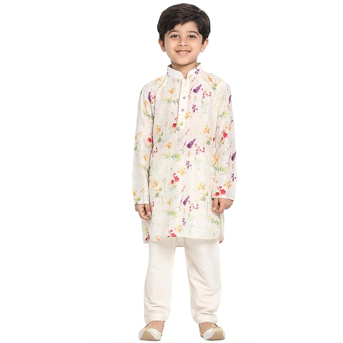 Boys' Perfect Spring Edit Floral Design Digitally Printed Kurta with Bling Buttons & Singara Border, Relaxed Pyjama Set For Ethnic & Festive Occasions gallery image