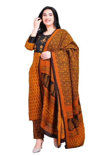 Cotton Bagh Handblock Print with Organic Colour, Black Patch with Handwork Thread Embroidery |Straight Kurti and Pant |Round Neck | gallery image