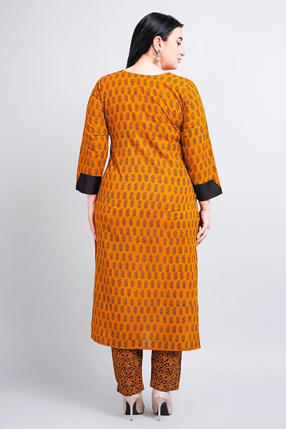 Cotton Bagh Handblock Print with Organic Colour, Black Patch with Handwork Thread Embroidery |Straight Kurti and Pant |Round Neck | gallery image