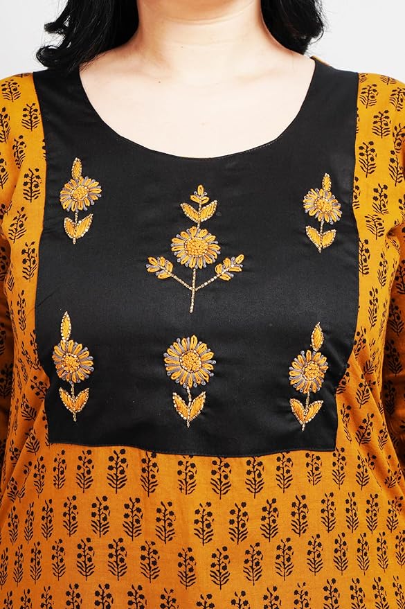 Cotton Bagh Handblock Print with Organic Colour, Black Patch with Handwork Thread Embroidery |Straight Kurti and Pant |Round Neck | gallery image