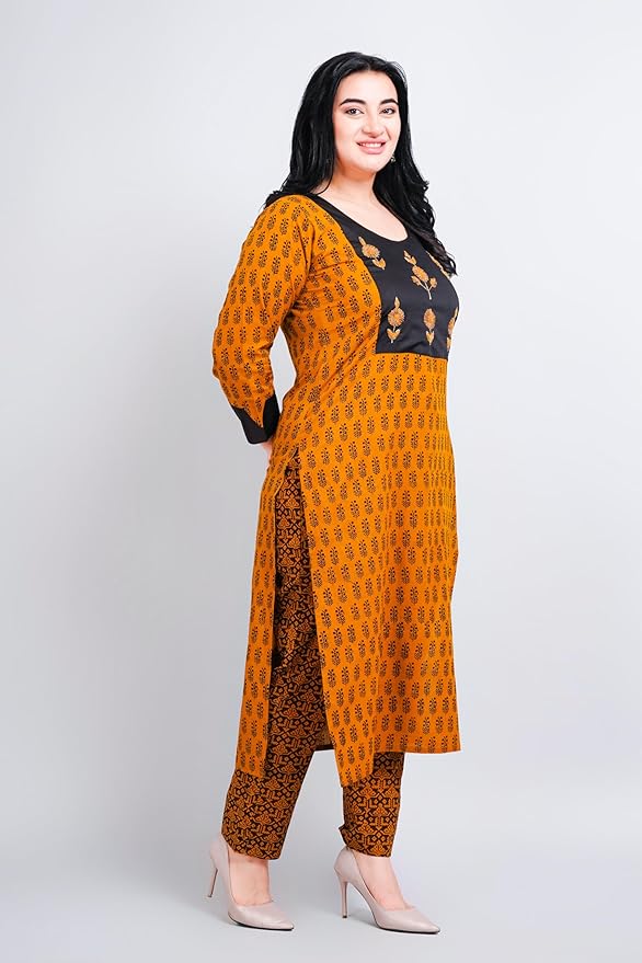 Cotton Bagh Handblock Print with Organic Colour, Black Patch with Handwork Thread Embroidery |Straight Kurti and Pant |Round Neck | main image