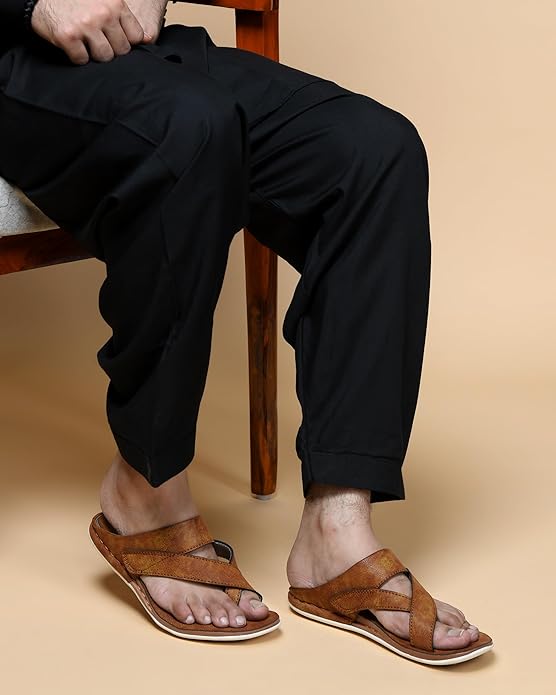 Designer Mens Faux Leather Imported Slippers |Stylish & Fashionable Ethnic Footwear | Available in Black, Brown, Tan - Chappal for Man gallery image