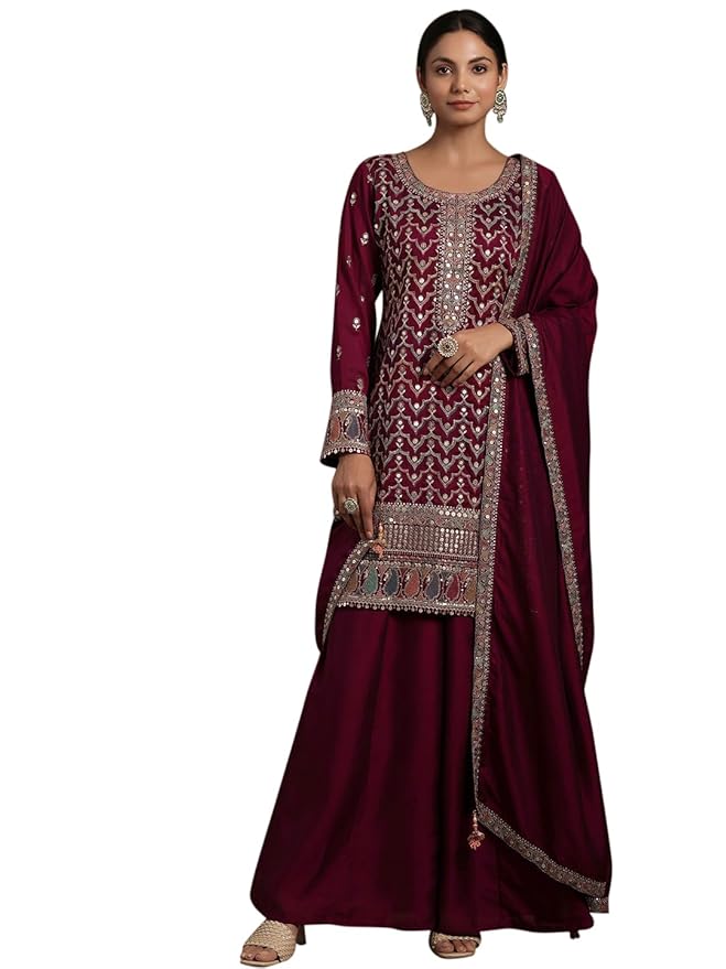 Embroidered Silk Blend Straight Kurta Palazzo With Dupatta Set gallery image