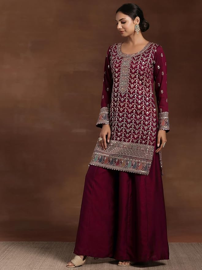 Embroidered Silk Blend Straight Kurta Palazzo With Dupatta Set gallery image