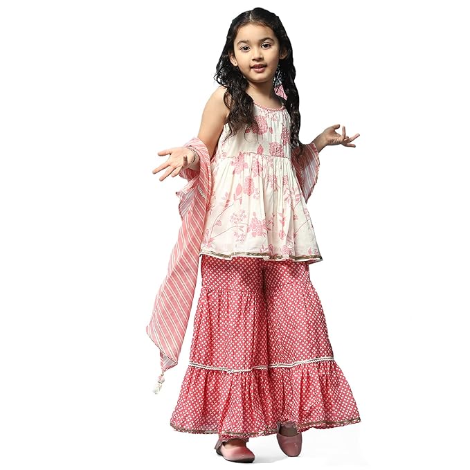 Girls Off White & Peach Cotton Gathered Kurta Garara Suit Set gallery image