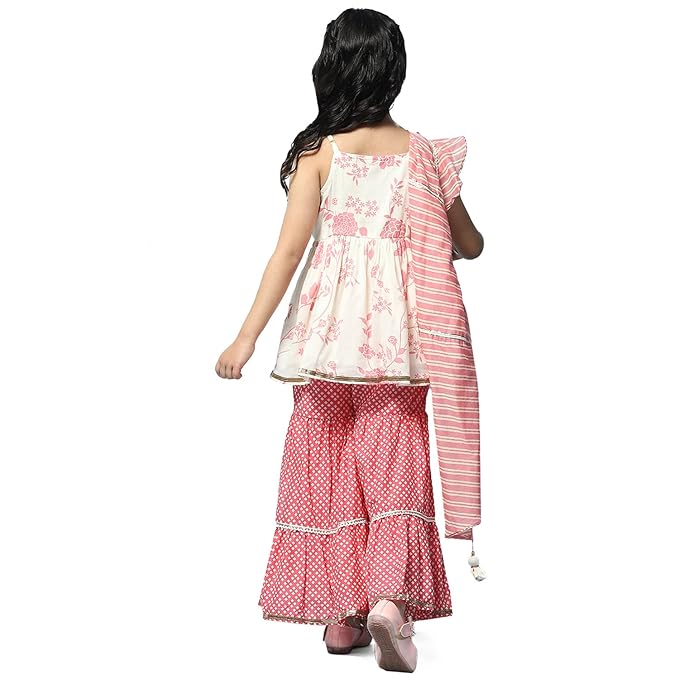 Girls Off White & Peach Cotton Gathered Kurta Garara Suit Set gallery image