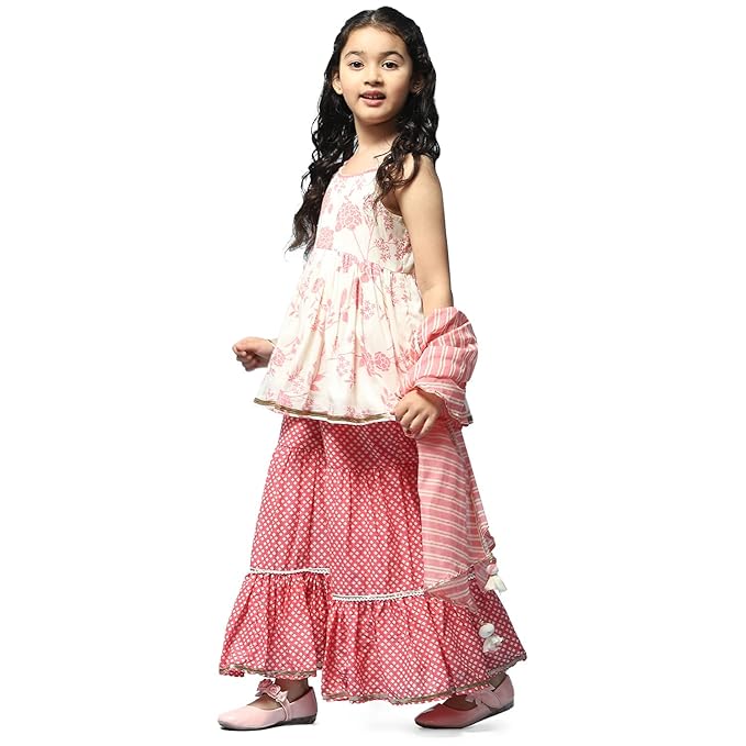 Girls Off White & Peach Cotton Gathered Kurta Garara Suit Set gallery image
