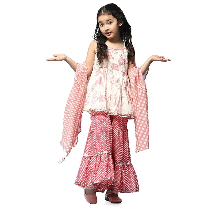 Girls Off White & Peach Cotton Gathered Kurta Garara Suit Set main image