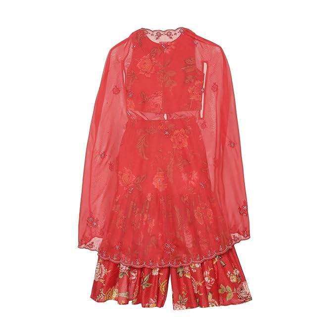 Girls Red Polyester Short Kurta Printed Suit Set gallery image