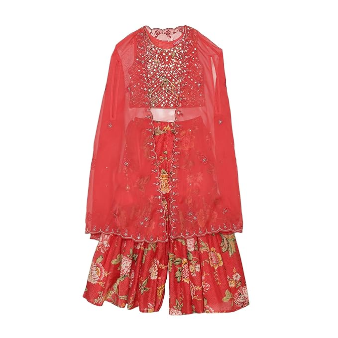 Girls Red Polyester Short Kurta Printed Suit Set main image