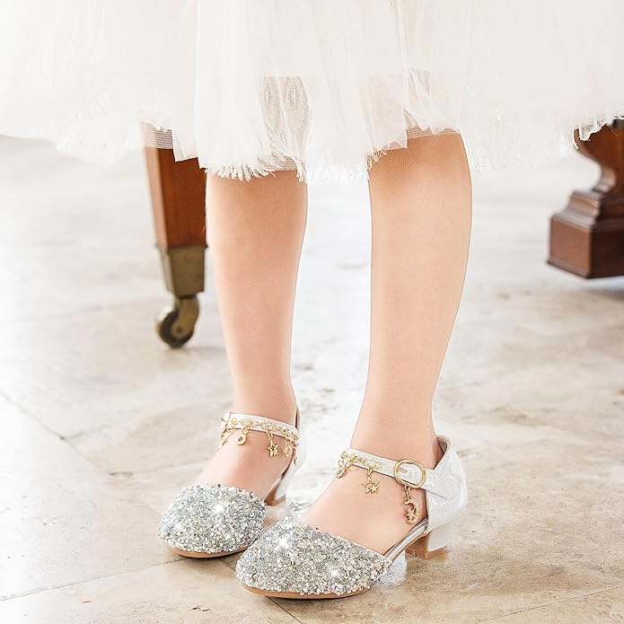 Girls Sandals Little Kids Glitter Dress Shoes Low Heel Sequins Princess Sandals Toddler Flower Wedding Party Shoes gallery image