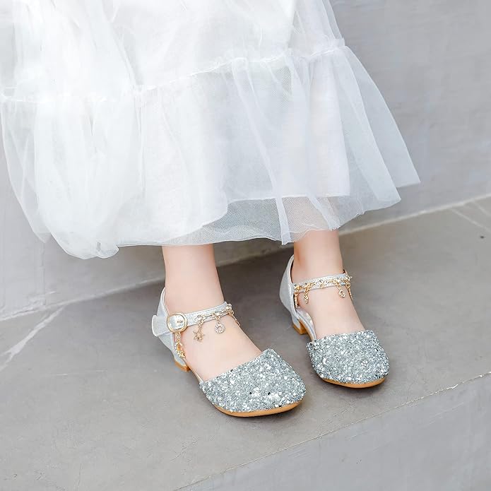 Girls Sandals Little Kids Glitter Dress Shoes Low Heel Sequins Princess Sandals Toddler Flower Wedding Party Shoes gallery image