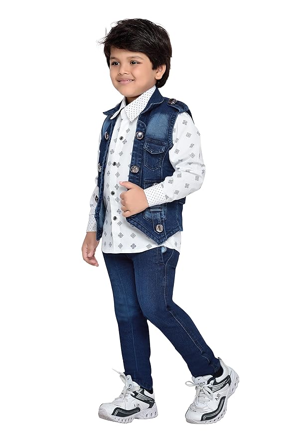 Kids Cotton Blend Full Sleeve Shirt & Denim Jeans Clothing Set for Boys - Casual Wear | Festival Wear for boys | Printed Pattern - Regular Fit gallery image