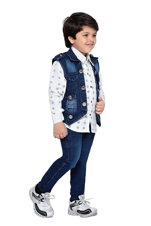 Kids Cotton Blend Full Sleeve Shirt & Denim Jeans Clothing Set for Boys - Casual Wear | Festival Wear for boys | Printed Pattern - Regular Fit gallery image