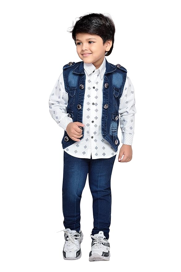 Kids Cotton Blend Full Sleeve Shirt & Denim Jeans Clothing Set for Boys - Casual Wear | Festival Wear for boys | Printed Pattern - Regular Fit gallery image
