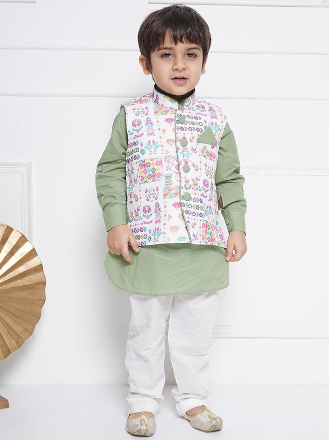 Kids Cotton Full Sleeve Printed Kurta Pajama & Waistcoat Set for Boys - Ethnic wear | Special Occasion & Party Outfit | Mandarin Collar Waistcoat for boys - Regular Fit gallery image