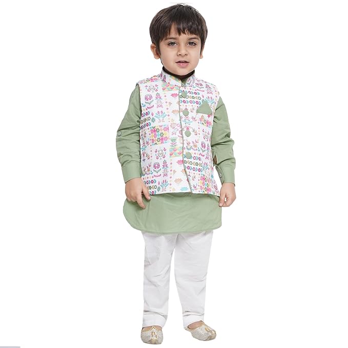 Kids Cotton Full Sleeve Printed Kurta Pajama & Waistcoat Set for Boys - Ethnic wear | Special Occasion & Party Outfit | Mandarin Collar Waistcoat for boys - Regular Fit gallery image