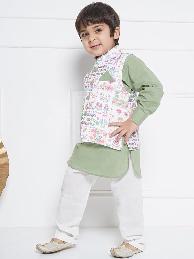 Kids Cotton Full Sleeve Printed Kurta Pajama & Waistcoat Set for Boys - Ethnic wear | Special Occasion & Party Outfit | Mandarin Collar Waistcoat for boys - Regular Fit gallery image