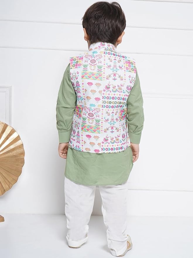 Kids Cotton Full Sleeve Printed Kurta Pajama & Waistcoat Set for Boys - Ethnic wear | Special Occasion & Party Outfit | Mandarin Collar Waistcoat for boys - Regular Fit gallery image