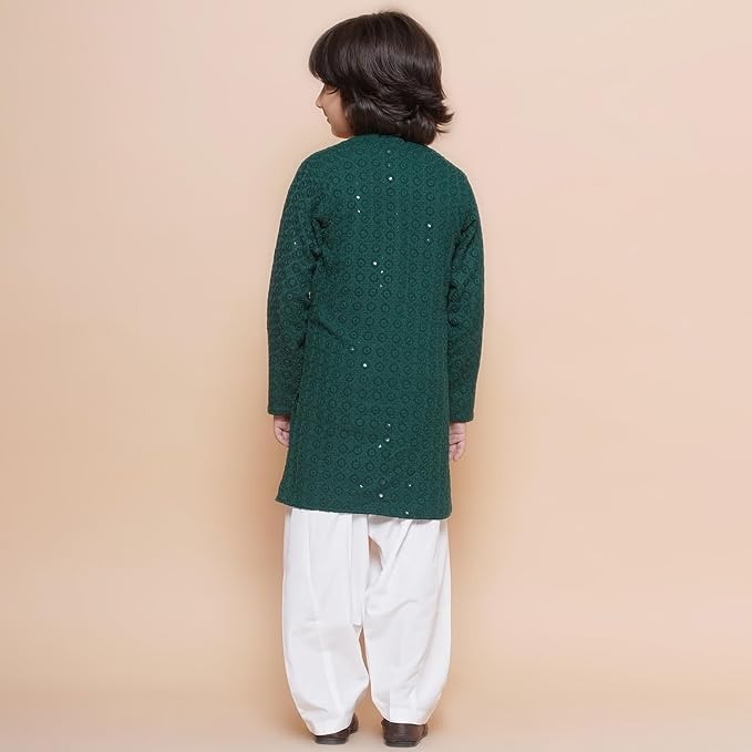 Kids Cotton Full Sleeve Sequined Chikankari Kurta Pajama Set for Boys - Ethnic wear | Special Occasion & Party Outfit | Mandarin Collar Kurta for boys - Regular Fit gallery image