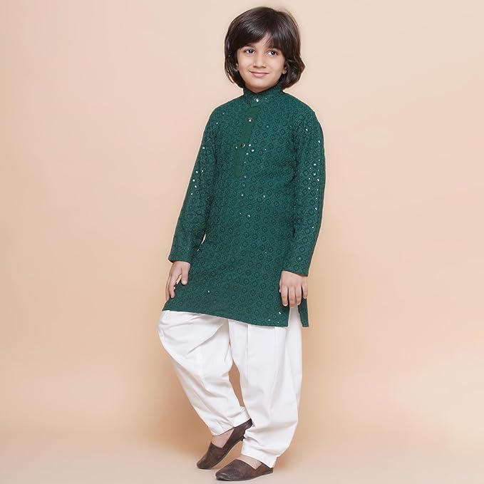 Kids Cotton Full Sleeve Sequined Chikankari Kurta Pajama Set for Boys - Ethnic wear | Special Occasion & Party Outfit | Mandarin Collar Kurta for boys - Regular Fit gallery image