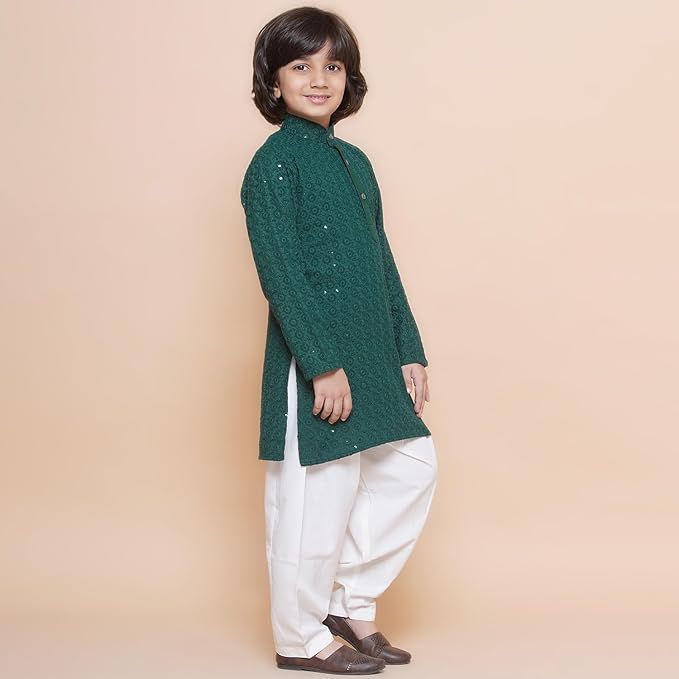 Kids Cotton Full Sleeve Sequined Chikankari Kurta Pajama Set for Boys - Ethnic wear | Special Occasion & Party Outfit | Mandarin Collar Kurta for boys - Regular Fit gallery image