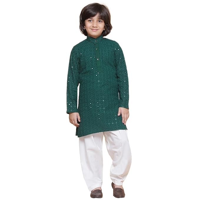 Kids Cotton Full Sleeve Sequined Chikankari Kurta Pajama Set for Boys - Ethnic wear | Special Occasion & Party Outfit | Mandarin Collar Kurta for boys - Regular Fit main image