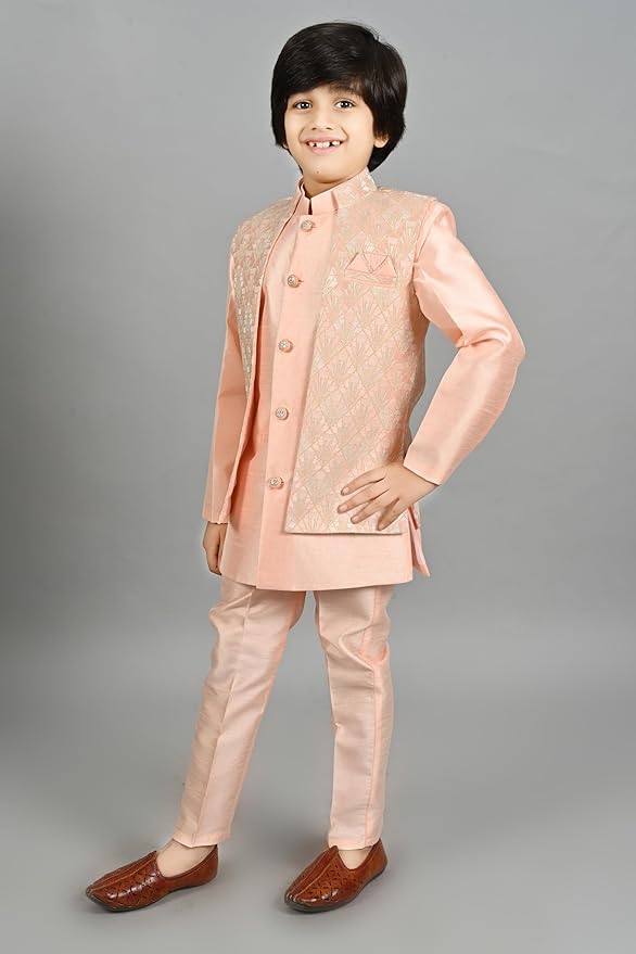 Kids Ethnic Silk Blend Waistcoat Kurta Pyjama Sherwani Set For Boys gallery image