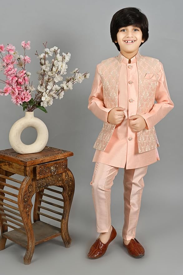 Kids Ethnic Silk Blend Waistcoat Kurta Pyjama Sherwani Set For Boys gallery image
