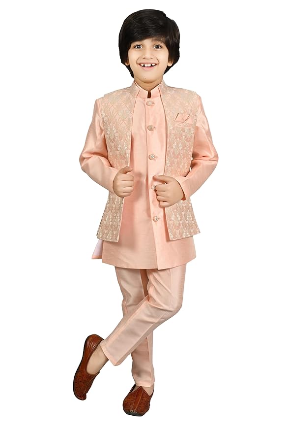 Kids Ethnic Silk Blend Waistcoat Kurta Pyjama Sherwani Set For Boys main image