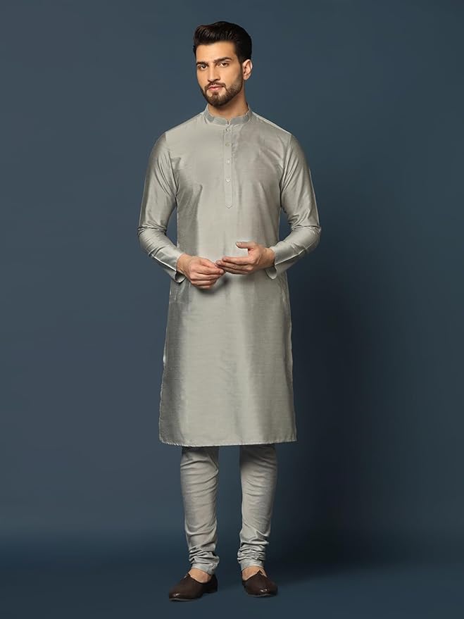 KISAH Men's Grey Jacquard Indowestern Sherwani Kurta & Pajama Set – Regular Fit, Mandarin Collar | Indian Wedding & Festive Wear gallery image