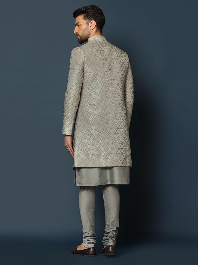 KISAH Men's Grey Jacquard Indowestern Sherwani Kurta & Pajama Set – Regular Fit, Mandarin Collar | Indian Wedding & Festive Wear gallery image