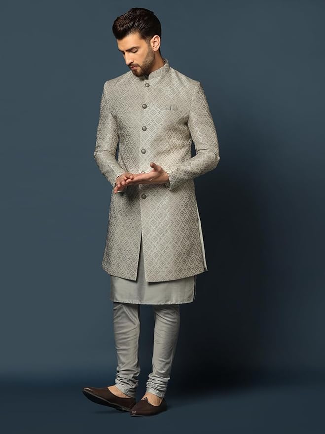 KISAH Men's Grey Jacquard Indowestern Sherwani Kurta & Pajama Set – Regular Fit, Mandarin Collar | Indian Wedding & Festive Wear gallery image