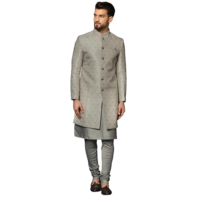 KISAH Men's Grey Jacquard Indowestern Sherwani Kurta & Pajama Set – Regular Fit, Mandarin Collar | Indian Wedding & Festive Wear gallery image