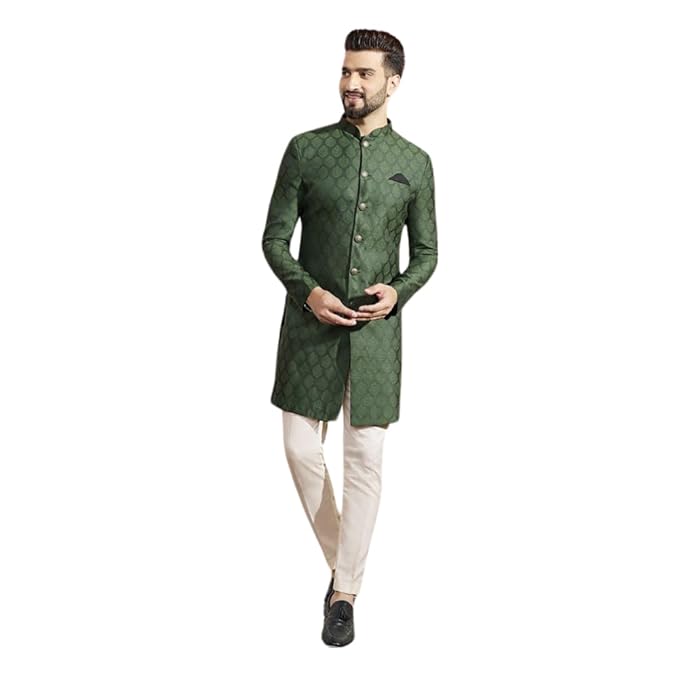 KISAH Men's Indo-Western Sherwani Trouser Set, Olive Silk Blend, Woven Design Regular Fit Mandarin Collar Long Sleeves gallery image