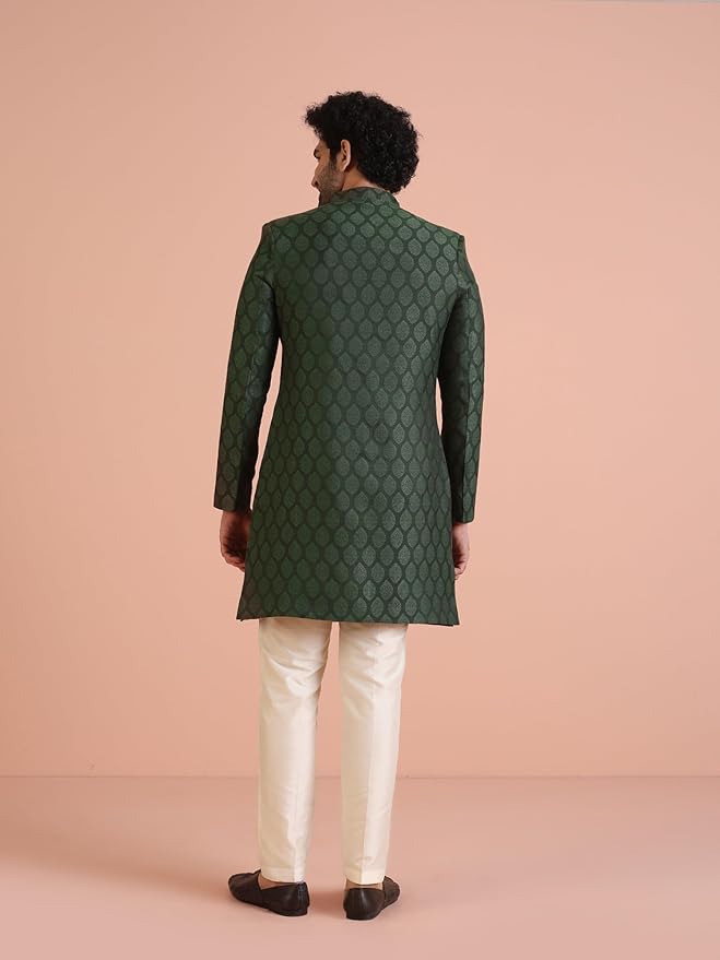 KISAH Men's Indo-Western Sherwani Trouser Set, Olive Silk Blend, Woven Design Regular Fit Mandarin Collar Long Sleeves gallery image
