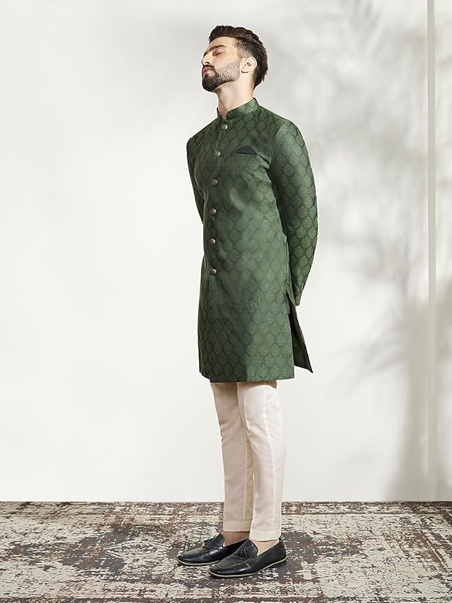 KISAH Men's Indo-Western Sherwani Trouser Set, Olive Silk Blend, Woven Design Regular Fit Mandarin Collar Long Sleeves gallery image