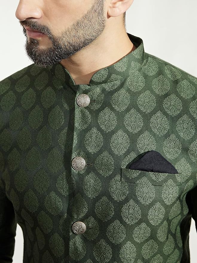 KISAH Men's Indo-Western Sherwani Trouser Set, Olive Silk Blend, Woven Design Regular Fit Mandarin Collar Long Sleeves gallery image