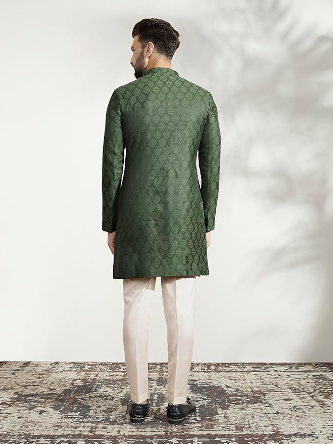 KISAH Men's Indo-Western Sherwani Trouser Set, Olive Silk Blend, Woven Design Regular Fit Mandarin Collar Long Sleeves main image