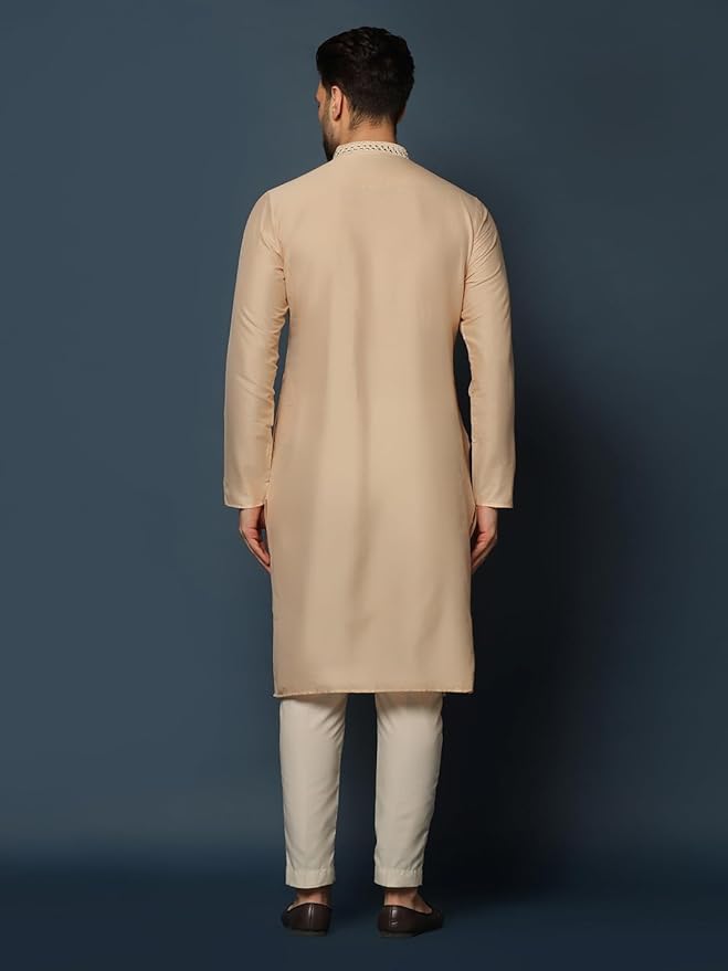 KISAH Men's Kurta Dhoti Set, Pink Cotton Blend, Embroidered Regular Fit Mandarin Collar Long Sleeves gallery image