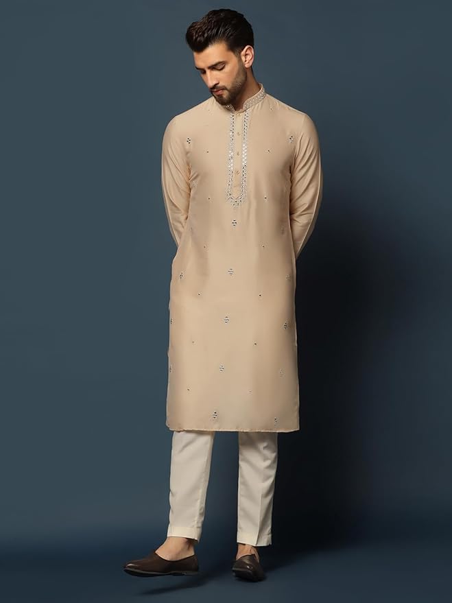 KISAH Men's Kurta Dhoti Set, Pink Cotton Blend, Embroidered Regular Fit Mandarin Collar Long Sleeves gallery image
