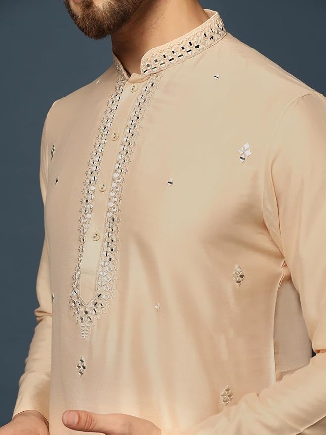 KISAH Men's Kurta Dhoti Set, Pink Cotton Blend, Embroidered Regular Fit Mandarin Collar Long Sleeves gallery image