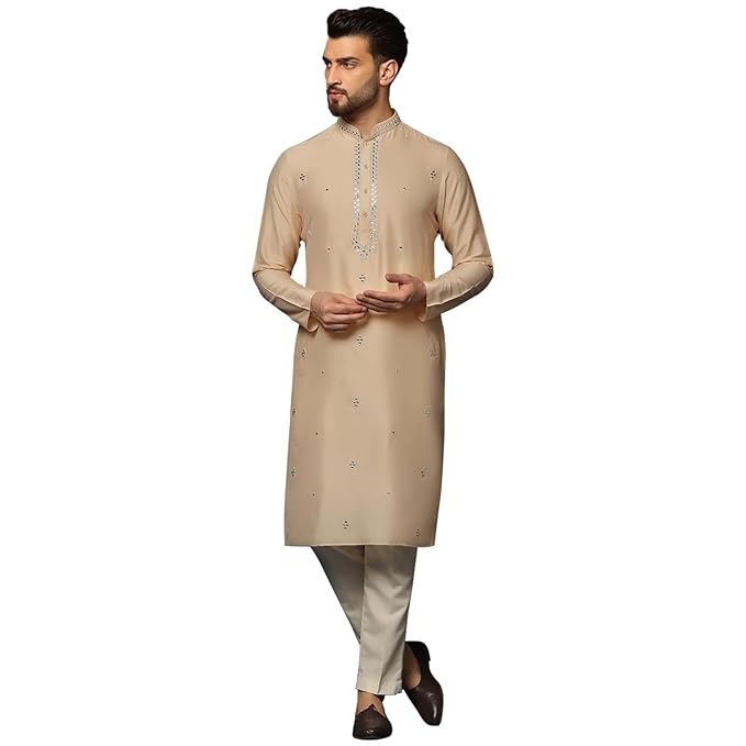 KISAH Men's Kurta Dhoti Set, Pink Cotton Blend, Embroidered Regular Fit Mandarin Collar Long Sleeves main image