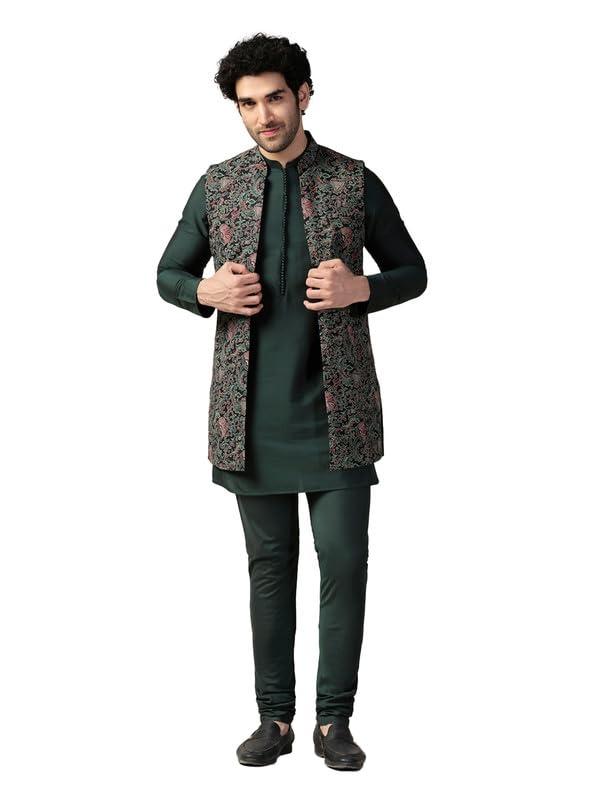 KISAH Men's Kurta Jacket Churidar Set, Multi Cotton Blend, Printed Regular Fit Mandarin Collar Long Sleeves gallery image