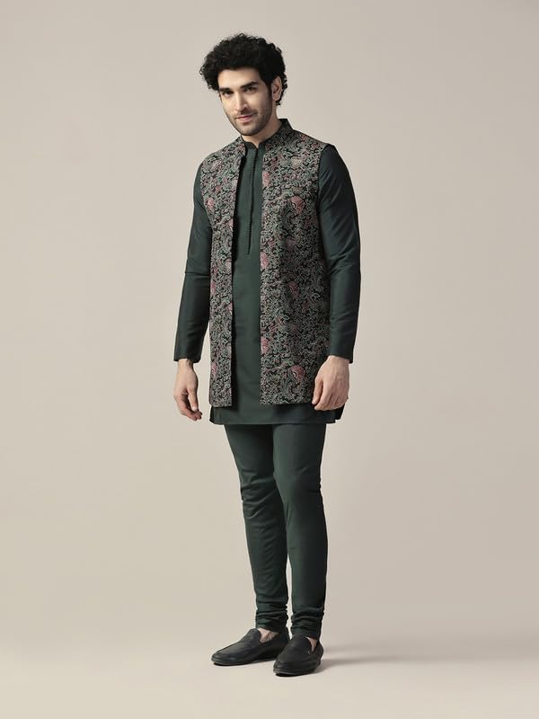 KISAH Men's Kurta Jacket Churidar Set, Multi Cotton Blend, Printed Regular Fit Mandarin Collar Long Sleeves gallery image
