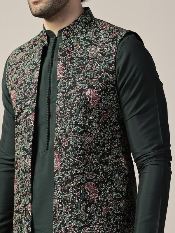 KISAH Men's Kurta Jacket Churidar Set, Multi Cotton Blend, Printed Regular Fit Mandarin Collar Long Sleeves gallery image